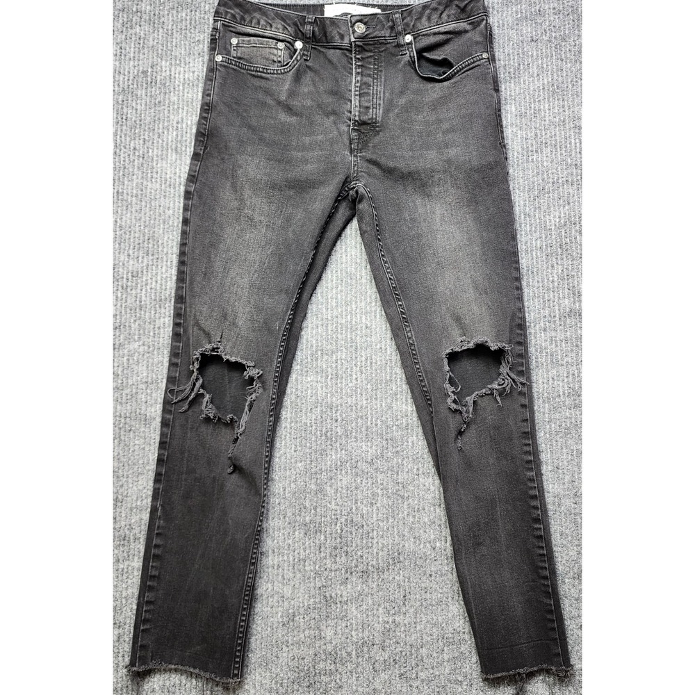 Topman Mens Stretch Skinny Distressed Jeans Washed Black W32 L32 Button Fly